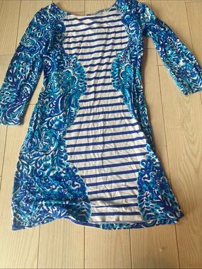 Lilly Pulitzer Blue, Teal & White Striped Floral Tunic